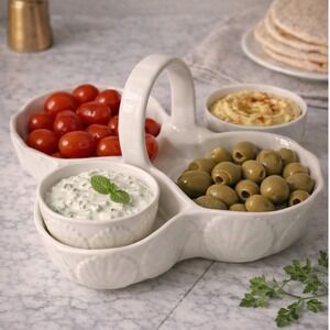 Loucarte Portugal White Ceramic Serving Set 3 Tray Handle 2 Dip Bowls  Shell